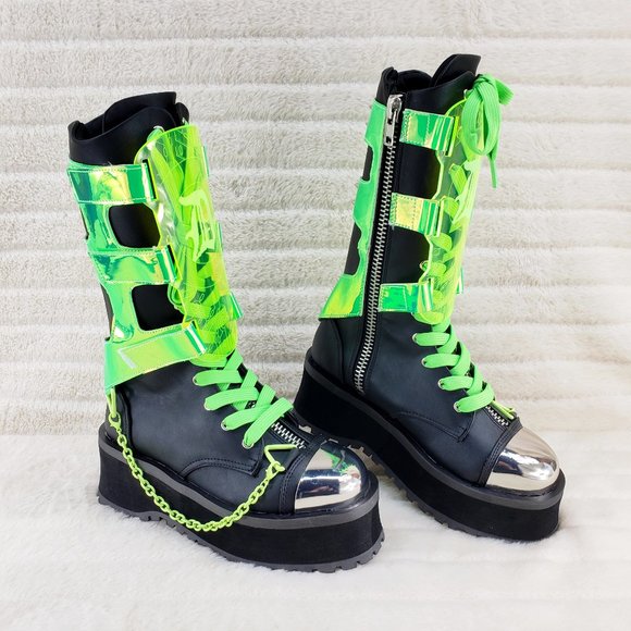 Gravedigger UV Green Harness Platform Punk Knee Boots Acrylic Shin Guard Shield - Picture 1 of 12